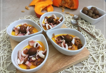 CREMA DI ZUCCA E PATATE CON TOTANO E OLIVE
