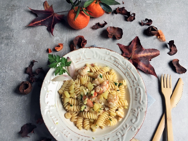 PASTA CON GAMBERONI, MANDARANCIO E ZENZERO