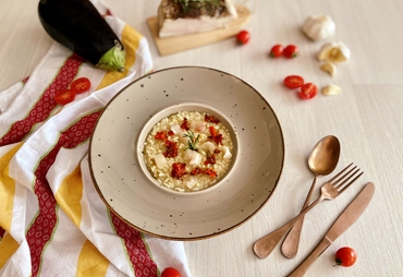 RISOTTO ALLA MELANZANA, LARDO E POMODORI